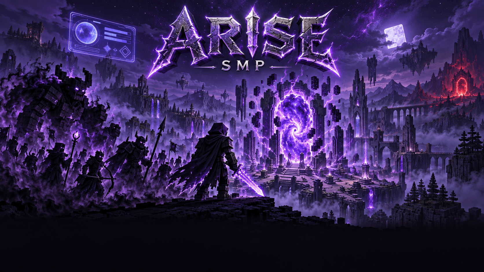ARISE SMP key art: a hooded hunter and an army of shadows before a violet Gate